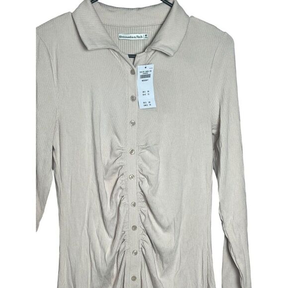 Abercrombie & Fitch NWT Beige Ruched Button Long Sleeve Mini Dress Size MP - Picture 5 of 10
